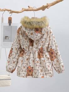 SHEIN Tween Girl Cute Casual Fashion Printed Hooded Jacket With Faux Fur Collar, Thermal Lined Parka, Suitable For Outings, Autumn/Winter, Skiing Girls Cartoon Jackets Cute Jackets Bear Print Jacket Fall - Apricot - View 7