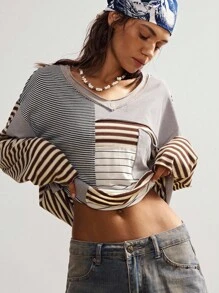 Bohemela Boho Women's Vintage Casual Knit Striped Patchwork Round Neck Long Sleeve Loose T-Shirt, Vintage Western Country Style Concert Vacation, Going Out, Back To School, Suitable For Autumn/Winter,Fall