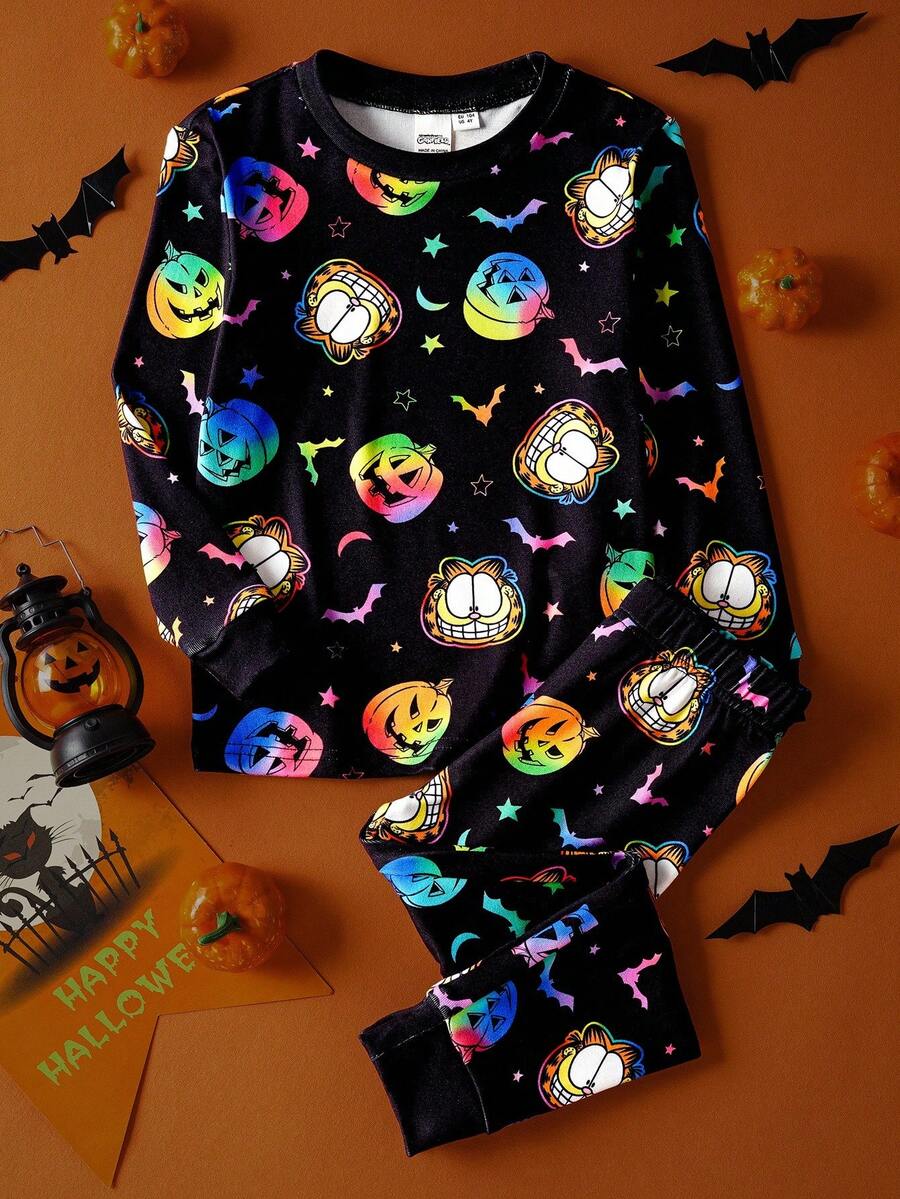 GARFIELD | SHEIN Stickad pyjamasset med rund halsringning och långärmad topp och byxor för ung pojke, tecknad pumpa, för Halloweenfest - Svart - Visa 1