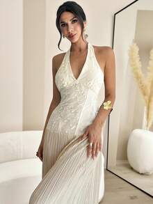 Firerie Women's Elegant Romantic Delicate Daily Vacation Party Ball Halter Backless Embroidery Textured Fabric Bodycon Pleated A-Line Apricot Maxi Dress, Summer