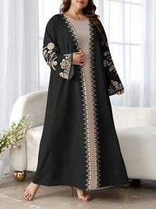 SHEIN Najma Plus Size Women's Floral Print Long Sleeve Casual Arabic Abaya Robe, Spring/Autumn Black Abaya Dress Modest Open Abaya - Multicolor - View 4