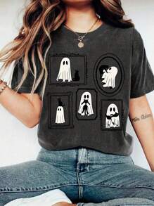 EMERY ROSE Áo thun họa tiết cỡ lớn, Áo thun tay ngắn phong cách đường phố, Áo mùa hè dễ thương, Áo phông Halloween cỡ lớn, Phong cách kỳ nghỉ - Màu xám đen - Xem 5