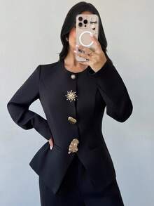 Firerie Women's Elegant Minimalist Metal Button Decor Long Sleeve Blouse, Long Sleeve Asymmetric Button Fitted Top, Black, Suitable For Office Wear Fall Women Clothes / Commuting Wear / Teacher Clothing / Back To School Season / Old Money /Fall Clothes For Women/ Business Casual Woman / Fall Clothes/Office Attire For Women /Work Outfits/ Fall Women Clothes - Black - View 4