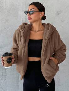 RueChic Women's Hooded Plush Jacket With Drawstring - Mocha Brown - View 5