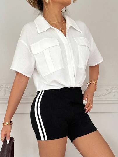 SHEIN Teen Girls' Casual Sports Contrast Color Striped Yoga Pants, Versatile All-Match Women's Yoga Shorts