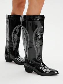 Styleloop 女式铆钉拉链刺绣装饰粗跟尖头一脚蹬靴，适合节日、女士过膝靴、波西米亚风、西部风、音乐节、万圣节、圣诞节、派对 - 黑色 - 查看 4