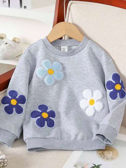 Genkimix Kids Girl's Gray Cute Three-Dimensional Floral Hoodie Embroidered With Wool Round Neck Sportswear Top, Can Be Paired With Pants, Jackets, Etc., Suitable For Autumn And Winter Fall