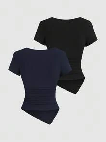 Sweetra Women's Y2K Sexy Snap Button Asymmetrical Hem Short Sleeve T-Shirt - Multicolor - View 2