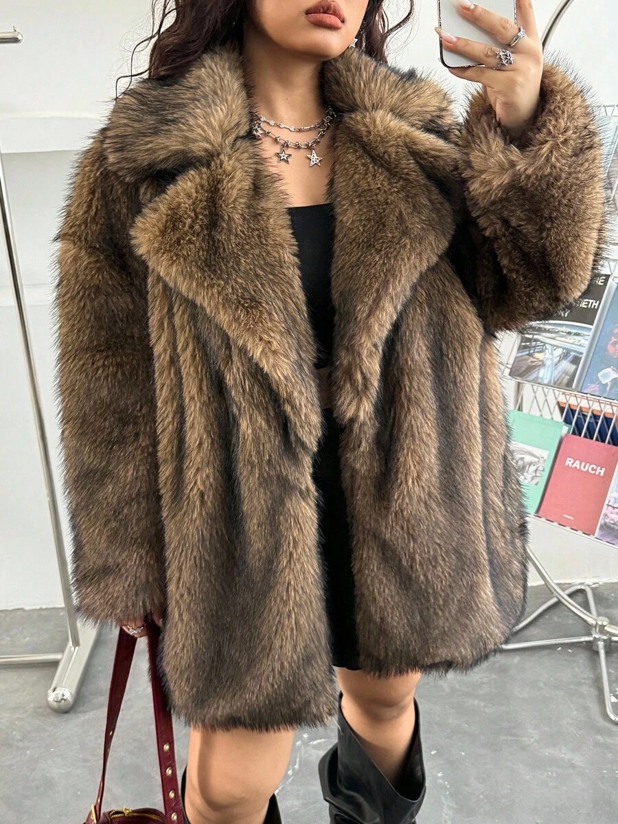 GalTyme 大码女式复古仿皮草大衣，秋冬时尚 - 棕色 - 查看 1