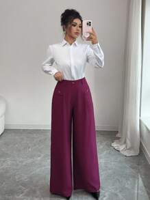 Elenzga Women's Burgundy Drapey Fabric Belted High Waist Elegant Loose Straight Leg Palazzo Pants, Professional Formal Trousers Fall Cloth For Women - Burgundy - View 6
