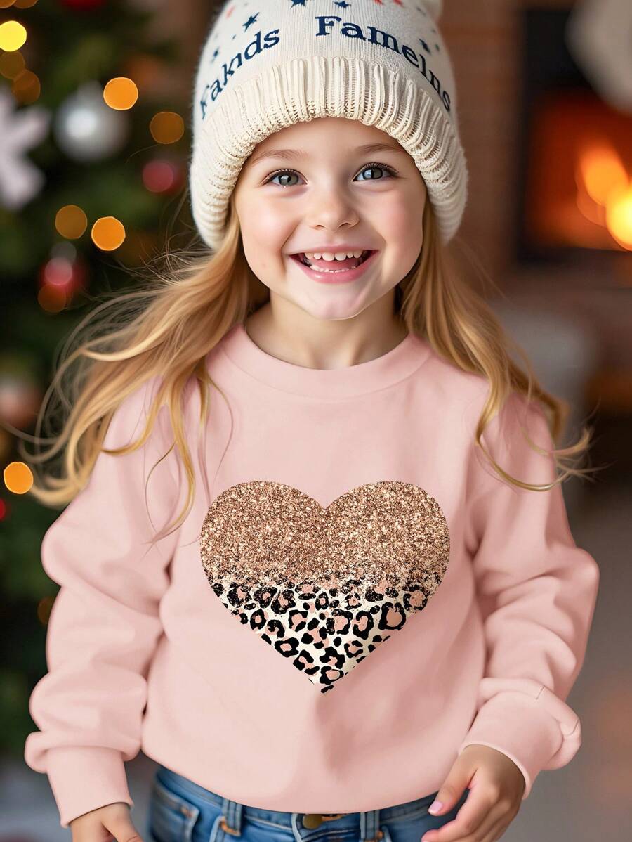 SHEIN Sweat-shirt-shirt à col rond ample et confortable en tricot épais à manches longues, imprimé de cœurs léopard, convenant aux jeunes filles. Idéal pour l'automne/l'hiver - Rose bonbon - Voir 1