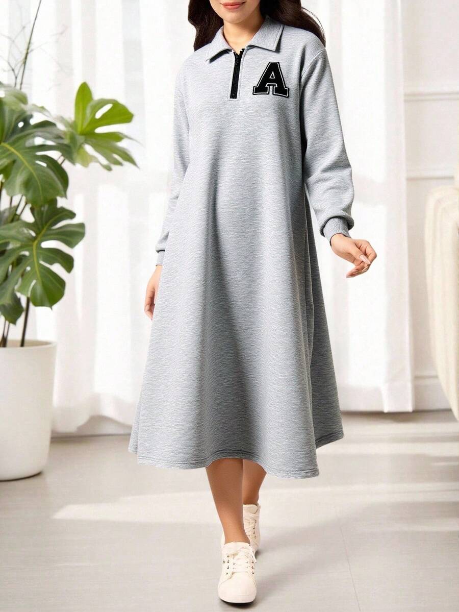 SHEIN 少女休闲日常运动字母图案半拉链卫衣裙,春秋/秋冬 - 灰色 - 查看 1