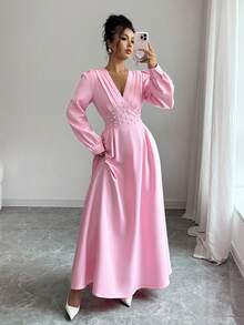 Elenzga Robe élégante à manches longues, col en V, manches bouffantes et perles, couleur unie pour femmes