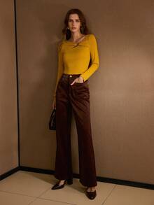 MOTF PREMIUM Áo thun trơn cổ tròn kim loại không đối xứng, dáng ôm, thu đông - Màu vàng - Xem 5