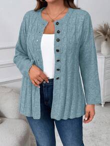 Plus Size Women Cable Pattern Long Sleeve Single-Breasted Casual Knit Cardigan, Autumn Winter Fall - Teal Blue - View 1