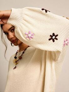 SHEIN VCAY Plus Size Loose Fit Sweater With 3D Floral Decor And Drop Shoulders Autumn Winter Clothes For Women - Beige - View 2
