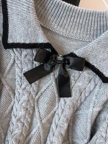 GlowEve CURVE 加大码优雅奢华灰色彼得潘领蝴蝶结修身长袖针织毛衣，厚款