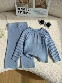SHEIN Baby Girl Solid Color Round Neck Raglan Sleeve Knit Casual Sweater Set Fall Winter - Baby Blue - View 1