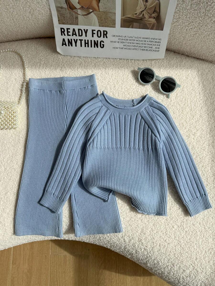 SHEIN Baby Girl Solid Color Round Neck Raglan Sleeve Knit Casual Sweater Set Fall Winter - Baby Blue - View 1