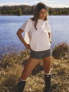 Aralina Fall/Winter Chic Poplin Broderie Detail Puff Sleeve HIgh Neck Short Sleeve Ruffle Shirt Perfect For Office Outfits For Women And Christmas Day Fairycore Flowy Babydoll Top Elegant Top For Vacation And Festival Outfits - White - View 6