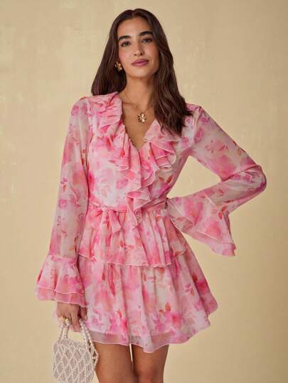 Enchnt 秋冬浪漫女式优雅粉色全身花卉印花荷叶边下摆喇叭袖迷你连衣裙，适合度假、甜美约会、节日、派对、万圣节服装、毕业典礼和海滩、女士秋季连衣裙、秋季服装、优雅派对连衣裙、波西米亚风格服装