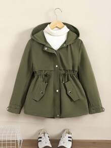 SHEIN 秋冬季青少年女孩休闲军绿色宽松连帽抽绳可调节腰部派克大衣 - 軍綠色 - 查看 4