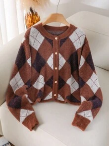 CosyJoli Chaqueta de punto de mujer talla grande a cuadros, chaqueta exterior de punto holgada y casual, chaqueta de punto borrosa con patrón de diamantes y argyle para otoño/invierno