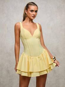 SHEIN BAE Đầm ngắn không tay cổ tim bèo nhún thời trang màu trơn dành cho nữ - Màu vàng - Xem 3