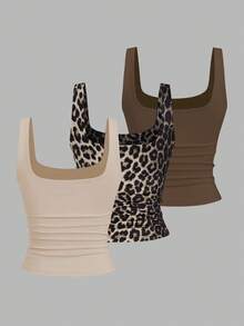 Sweetra 女式休闲褶皱圆领背心，夏季 - 彩色 - 查看 2