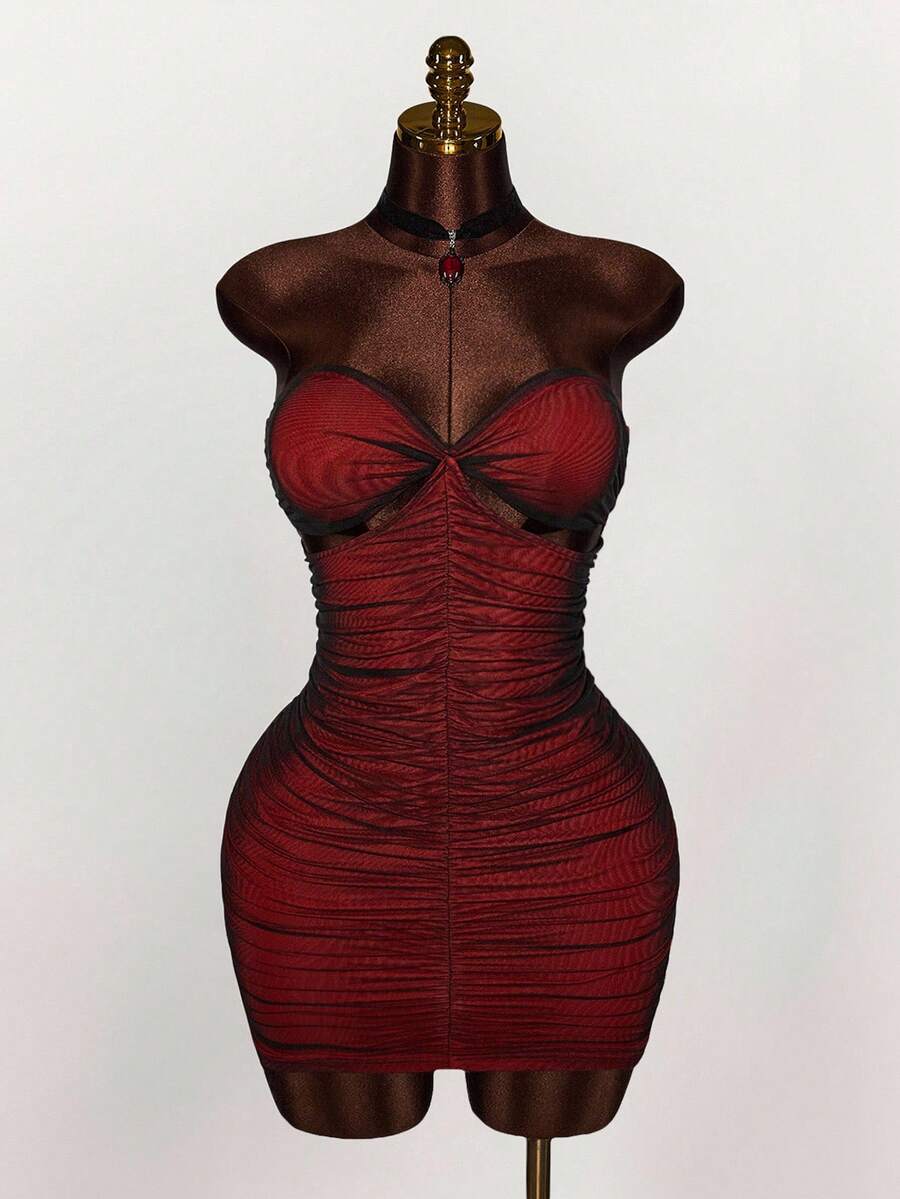 Amplova 大码女式万圣节低胸拼色镂空性感派对连衣裙 - 黑色 - 查看 1