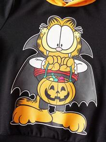 GARFIELD | SHEIN Young Boys' Cool Halloween Cartoon Pattern Contrast Color Embroidered Hooded Bat Shaped Cape Sweatshirt, Autumn/Winter Fall - Black - View 3