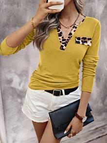 EMERY ROSE Women's Leopard Patchwork Simple Daily Notch Neck Long Sleeve T-Shirt Graphic Cheetah Print Tees Women Tops For Spring - Yellow - View 4