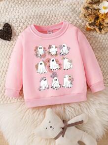 Halloween Cosplay Baby Girl Casual Fashionable Creative Grid Ghost & Flower Print Basic Crew Neck Sweatshirt, Fall Clothes Winter - Pink - View 4
