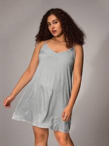 Plus Size Striped Print Simple Casual Sleepwear Dress And Robe Set, Fall Clothes, Cozy Outfit - Light Grey - View 4