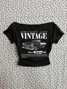 Avslappnad retrostil med vintagebil, bokstavstryck, plusstorlek, damtröja med rynkad midja och off-shoulder-krage, tight kortärmad, lämplig för sommaren - Svart - Visa 4