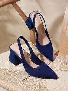 CUCCOO BASICS Women's Fashion Fabric Backstrap Chunky Heel Pointed Toe PU Leather Commuting Slingback Shoes, Suitable For Dates, Parties, And Vacations For Christmas Spring Shoes - Blue - View 4