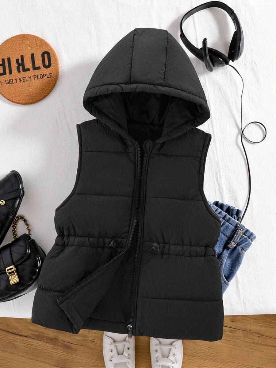 SHEIN 青少年女孩休闲百搭绗缝加厚连帽束腰加厚背心，秋冬秋季 - 黑色 - 查看 1