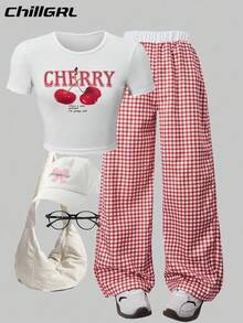 SHEIN Explorewe Set de 2 piezas: Camiseta con estampado de cerezas y pantalones con cintura a cuadros en contraste para niñas, conjunto casual