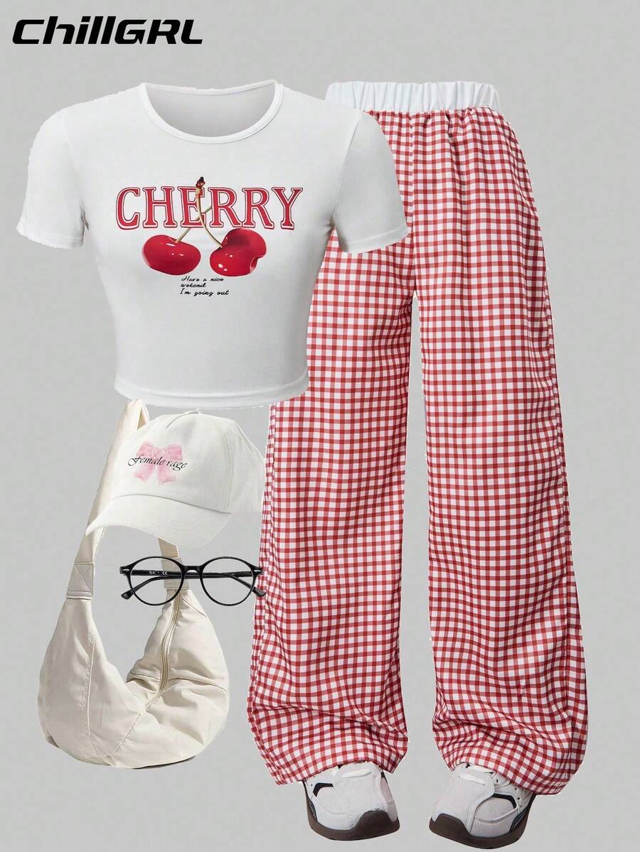 SHEIN Explorewe Set de 2 piezas: Camiseta con estampado de cerezas y pantalones con cintura a cuadros en contraste para niñas, conjunto casual