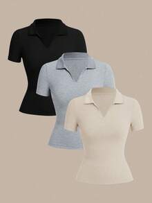 SHEIN BASICS 女式休闲纯色 Polo 领修身短袖 T 恤，夏季 - 彩色 - 查看 1