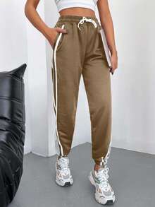 SHEIN Cottnline 95%纯棉撞色带抽绳腰部斜口袋运动裤 - 芥末黃 - 查看 6