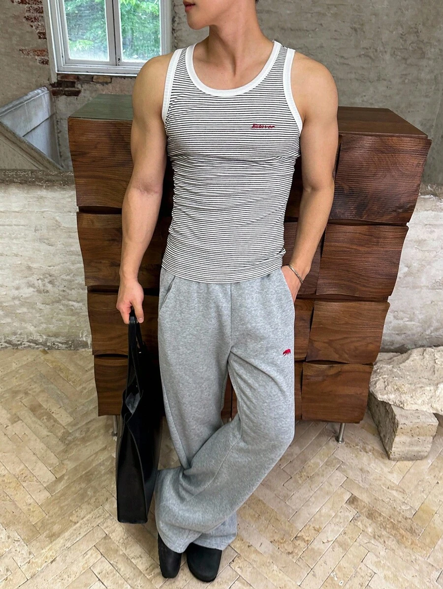 SWAVVY 男士夏季休闲圆领撞色条纹背心 - 黑與白 - 查看 1