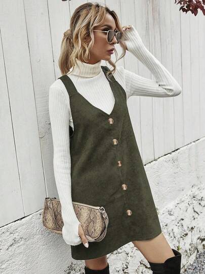 EMERY ROSE Women's Solid Color Button Design Casual Everyday Versatile Pinafore Dress, Autumn/Winter