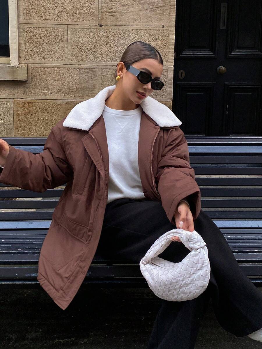 Livesso Casaco parka grosso casual com gola e bolsos, manga comprida, patchwork, acolchoado, para mulheres, outono/inverno