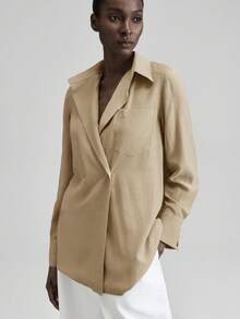 Ontre 2025秋冬女装，适合返校、万圣节、圣诞节、商务休闲、复古优雅百搭基础款，纯色双排扣衬衫 - 卡其色 - 查看 4