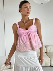 Siren Gaze Women's Striped Print Ruffle Hem Embroidered Camisole Summer Pink Casual - Pink - View 5