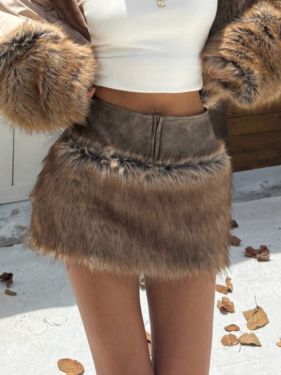 Muchica 2025 New Arrive Autumn/Winter Women Fashion Brown Faux Fur Patchwork Skirt For Going Out Outfits, Streetwear, Grunge And Punk Chic, Y2K Clothes
