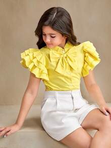 SHEIN Tween Girl Cap Sleeve Ruched Waist Blouse, Elegant For Work, With Bow Decor - Yellow - View 1