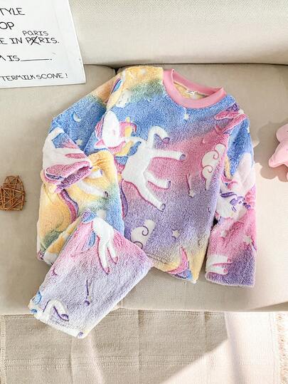 两件套女童圆领长袖法兰绒睡衣套装，夜光卡通小马、云朵、星星印花独角兽睡衣，适合秋冬季女童独角兽服装