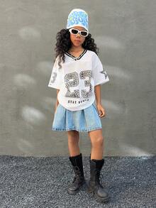 Coolane Kids Tween Girls Fall/Winter Festival Streetwear Vintage Breathable Mesh Number Pattern Graphics Baseball Jersey - White - View 2